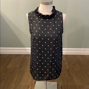 LOFT sleeveless mixed media top - woven front/knit black - gray dots - size M